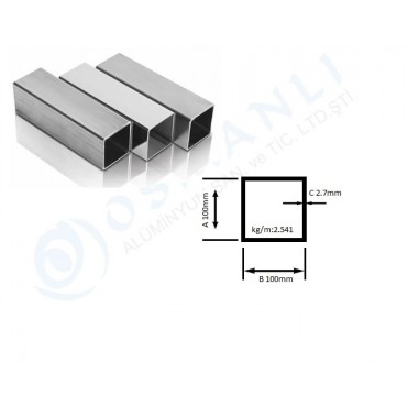 Alüminyum Kutu Profil 100mm x 100mm Et Kalınlık 2.7mm